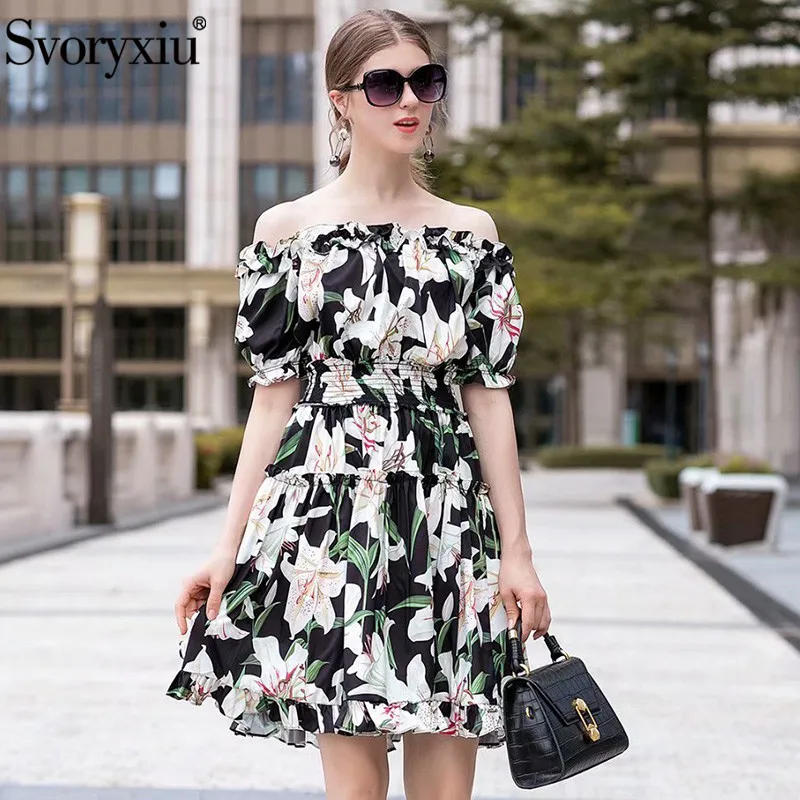 

Svoryxiu Designer lily Flower Printed Summer Dress Women's Fashion Short Sleeve Elastic Waist Ruffles Off Shoulder Short Dress