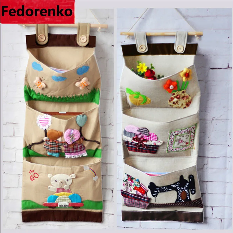 Creative cartoon hanging wall pocket storage organizador Canvas hanging pocket...