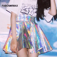 FABCHARMAX юбка с высокой талией Женская Серебристая блестящая юбка для ночного клуба плиссированные женские юбки на молнии Короткая пикантная шикарная юбка из искусственной кожи