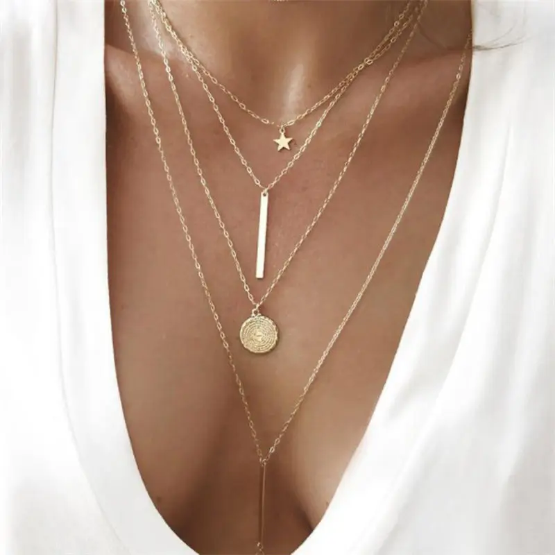 

Bohemain Crystal Star Sequins Coins Bar Pendant Chain Necklace For Women Gold Color Multi Layer Statement Necklaces