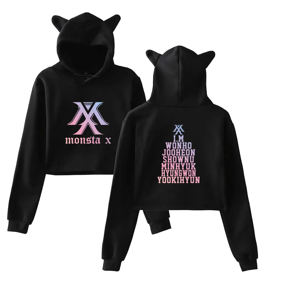 

MONSTA X Sweatshirts Funny Cat Ear Cropped Short Sweatshirts Hooded Kpop Print Pullover Women Tops Coat MONSTA X