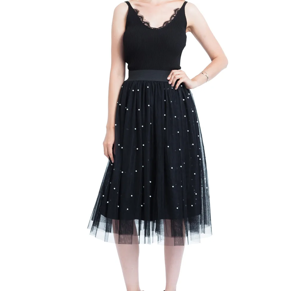 

Women Summer Skirts Elegant Plus Size Bead Mesh Tulle Daily Party Casual beach Flared Skirt Pleated Princess Mesh Bubble Skirt