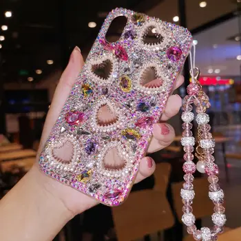 

For iPhone XS max XR X Luxury Bling Heart Crysta Diamond case for iphone 11 pro max 6 7 8 plus Girl Lady Woman gift case +strap