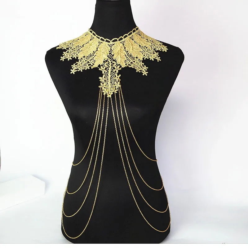 Ожерелье с кисточками и кружевными цветами, золотая цепочка для тела, женское полое большое готическое ожерелье с многослойной цепью, элегантные вечерние ювелирные изделия Duftgold