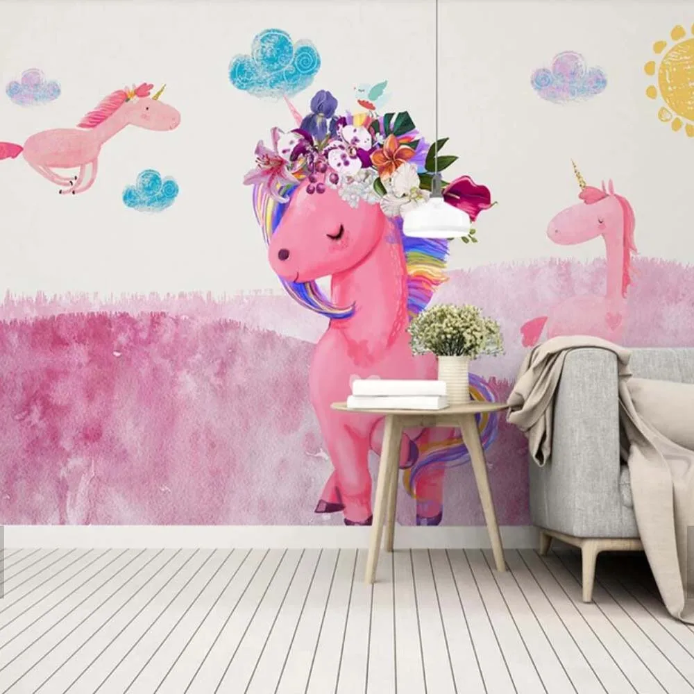 Европейский современный 3D Розовый Единорог животных обоями ручная печать фото обои фрески для детей Спальня настенный Декор цветок