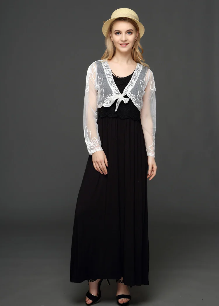 Summer Female Perspective Short Shawl Jacket Coat Vintage Women Embroidery Floral Long Sleeve Lace Bolero Shrug For Party
