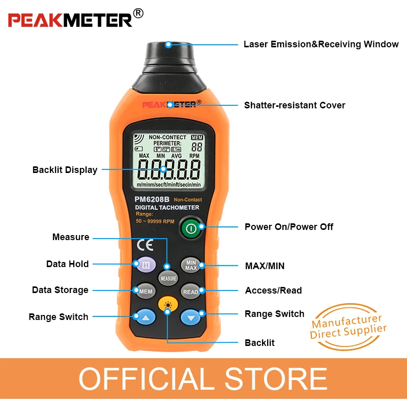 Official PEAKMETER PM6208B Non-Contact Digital Tachometer 50~99999RPM max Speed Meter Rotation Tester
