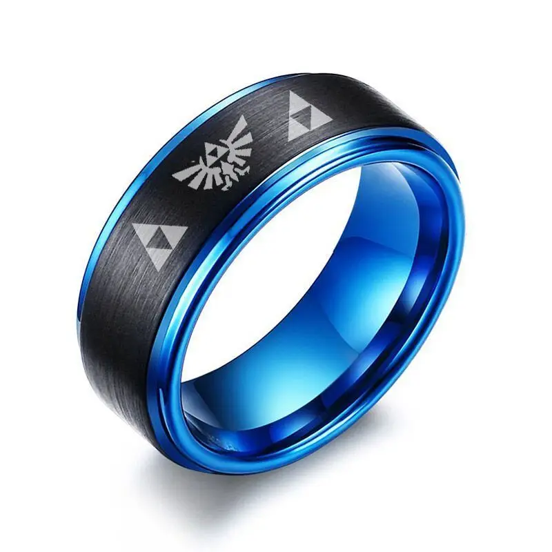 

Men's Black Tungsten Carbide Two Tone Blue Step Edge Ring with Legend of Zelda Triforce Laser Engraved Wedding Bands Men Jewelry