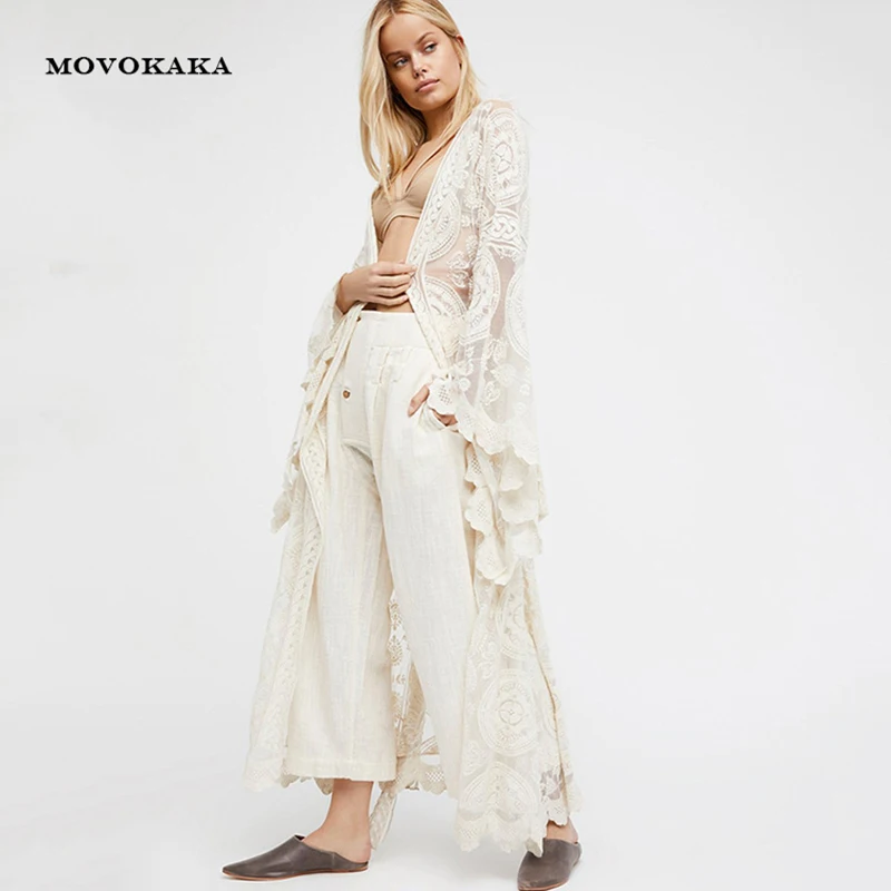 

Fashion sexy Women Lace Shawl long Perspective plus size Cardigan Cover Up Beachwear Lace perspective cardigan beach sunscreen