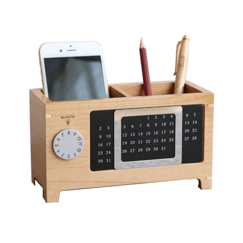 Office Pen Holder With Calendar Wooden Pen Pot Desk Week Organizer