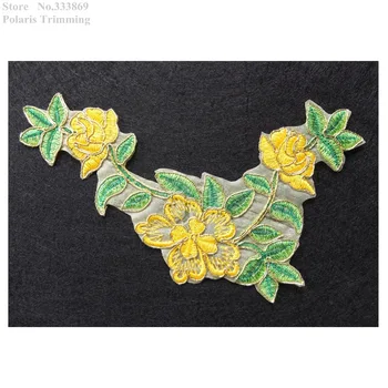 

Free Shipping 4pcs/lot x New Yellow/Green/Gold Flower Embroidery Lace Applique Trim Patch Dance Dress Costume Decorating PBNC79B