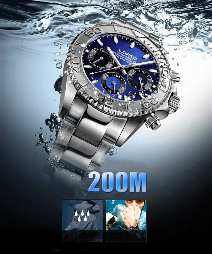 LOREO Sapphire Crystal 200m Waterproof Men's Sport Watch Multifunction Fashion Mens Watches Male Classic Design Steel Dial Clock