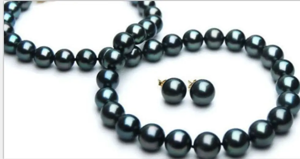 

FREE SHIPPING HOT sell new Style >>>> stunning 9-10mm tahitian black green pearl necklace earring 18inch