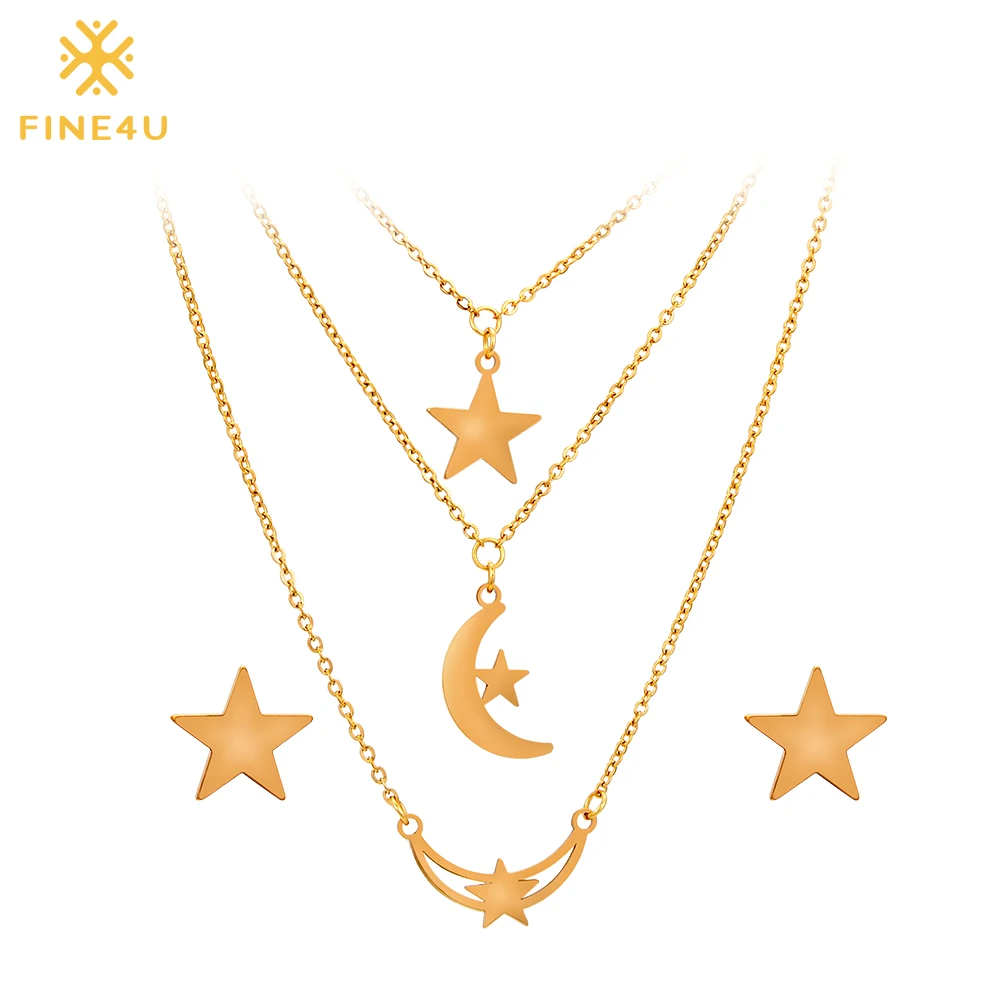 

2018 New FINE4U N018 316L Stainless Steel Jewelry Sets For Women Moon and Star Necklace & Earrings Wedding Jewelry set