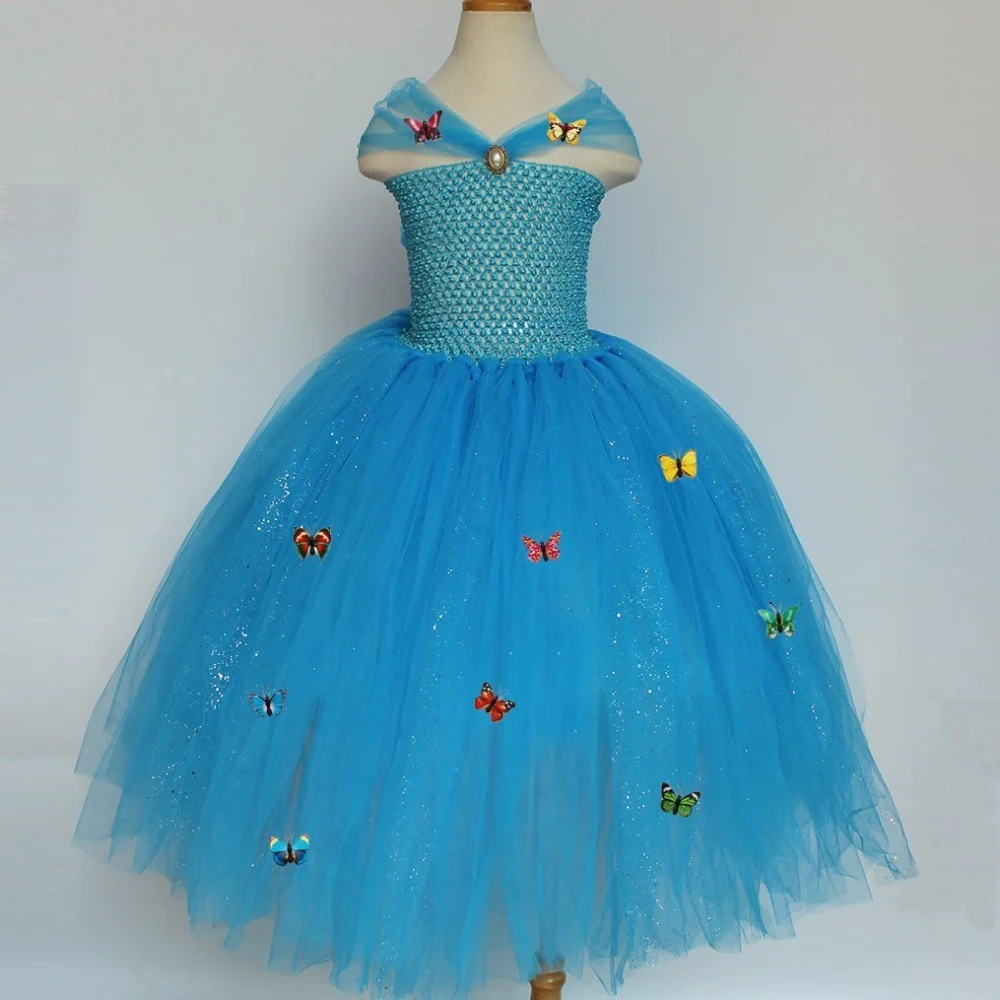 

Blue Sequin Girl Cinderella Dress Tulle Butterfly Princess Tutu Dress Kids Party Christmas Halloween Cosplay Cinderella Costumes