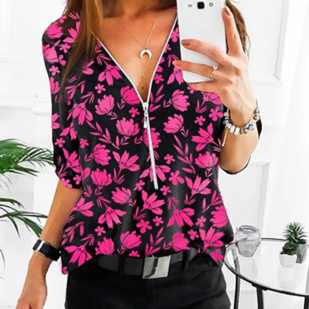 Ladies Plus Size Print Lace Short Sleeve Pullover Tops fashion Women's simple V-neck casual Zip T-shirt camisetas mujer verano - Цвет: Hot Pink