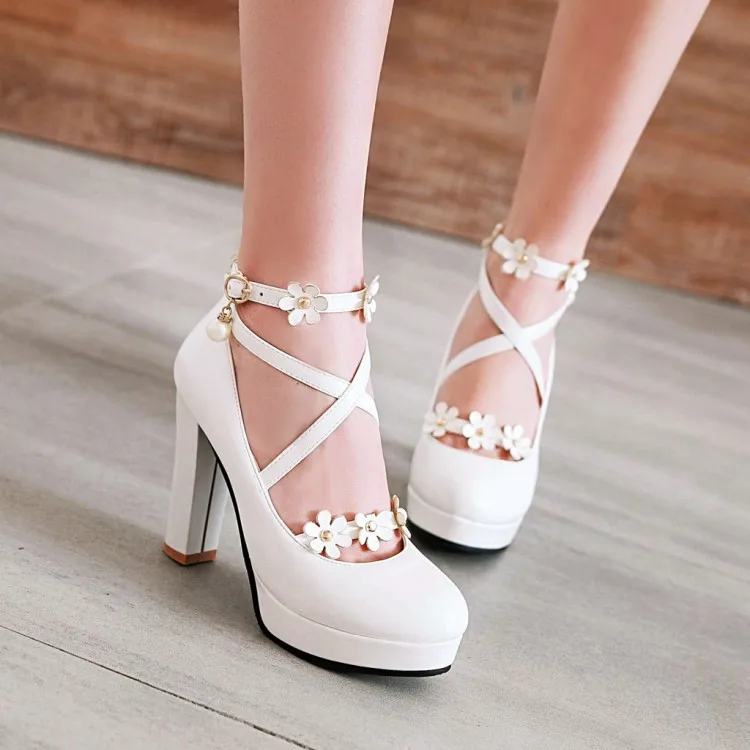 

PXELENA Black White Pink Bride Wedding Shoes Women Cross Strap Block Square High Heels Platform Pumps Derss Date Heels Hot 34-43
