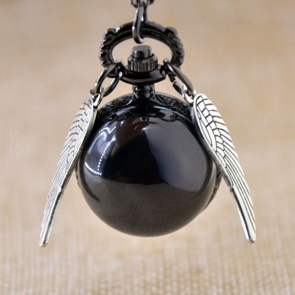 Vintage Black Smooth Harry Potter Ball Silver Wings Quartz Pocket Watch Analog Pendant Necklace Mens Womens Watch Gifts Chain