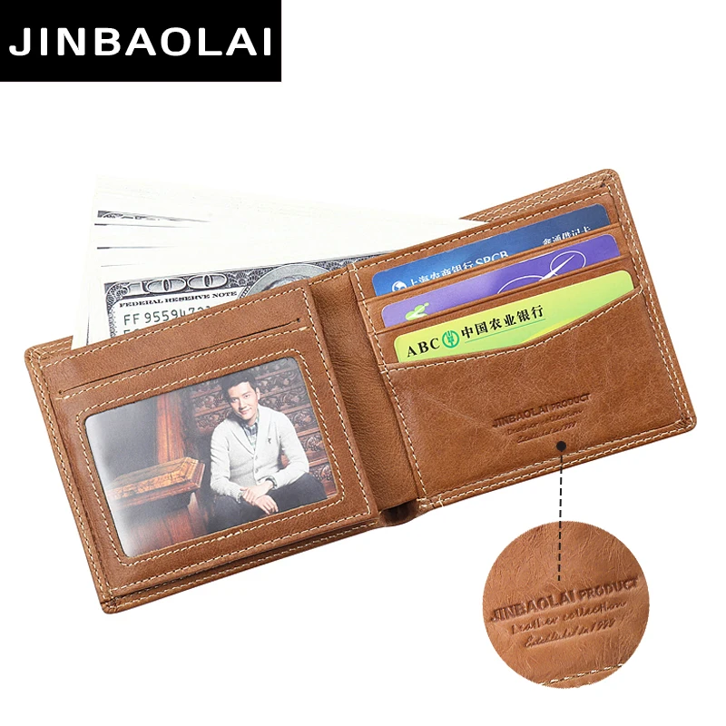 JINBAOLAI cow leather original brand male wallet fashion double suture design bifold wallets for men hight quality leather walet