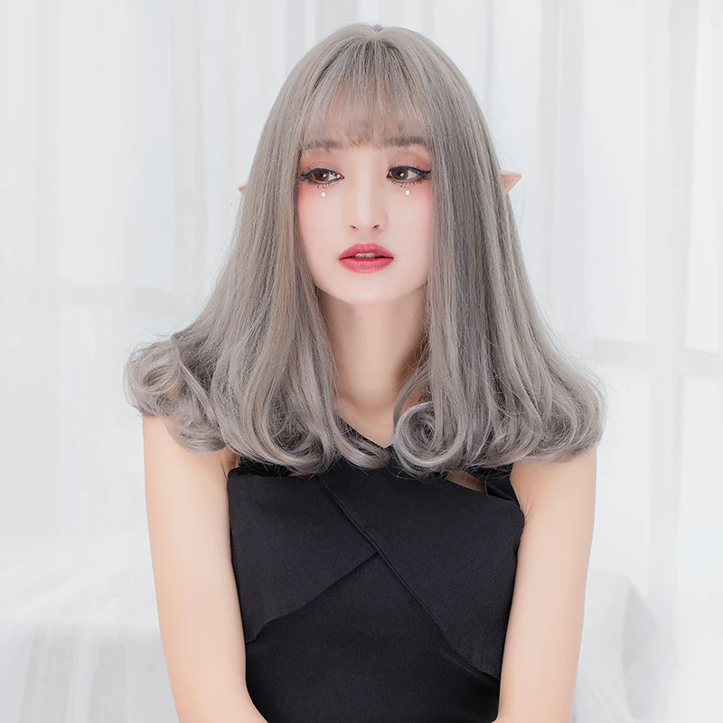 46CM Medium Wavy Bob Style Gray Lolita Cosplay Wig With Bang Heat Resistant H765239