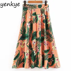 2019 Винтаж Цветочный принт юбка в стиле бохо Для женщин Drawstring эластичный Высокая талия плиссированные Повседневное летняя пляжная юбка