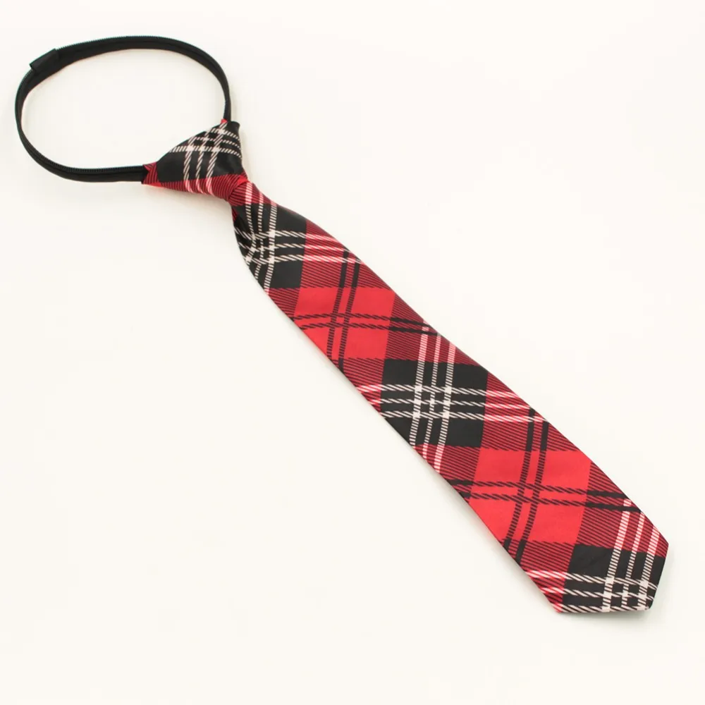 

1 piece Pre-tied Students Zipper Ties For Men Boys Girls Slim Narrow Necktie With Scotland Grid Pattern Red Color 5cm Width