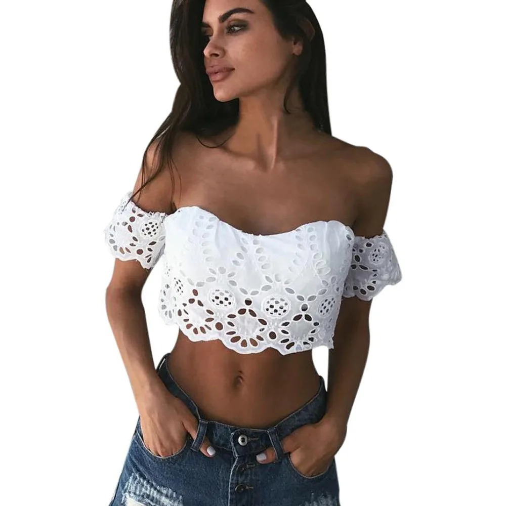 

Free Ostrich Women Fashion summer Lace Crochet Padded Crop tops Off Shoulder Blouse shirts White C2935