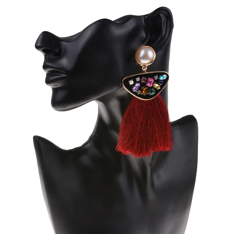 

2019 bohemian fringed inlaid earrings fashion woman geometric pendant pearl dangle earrings women jewelry oorbellen