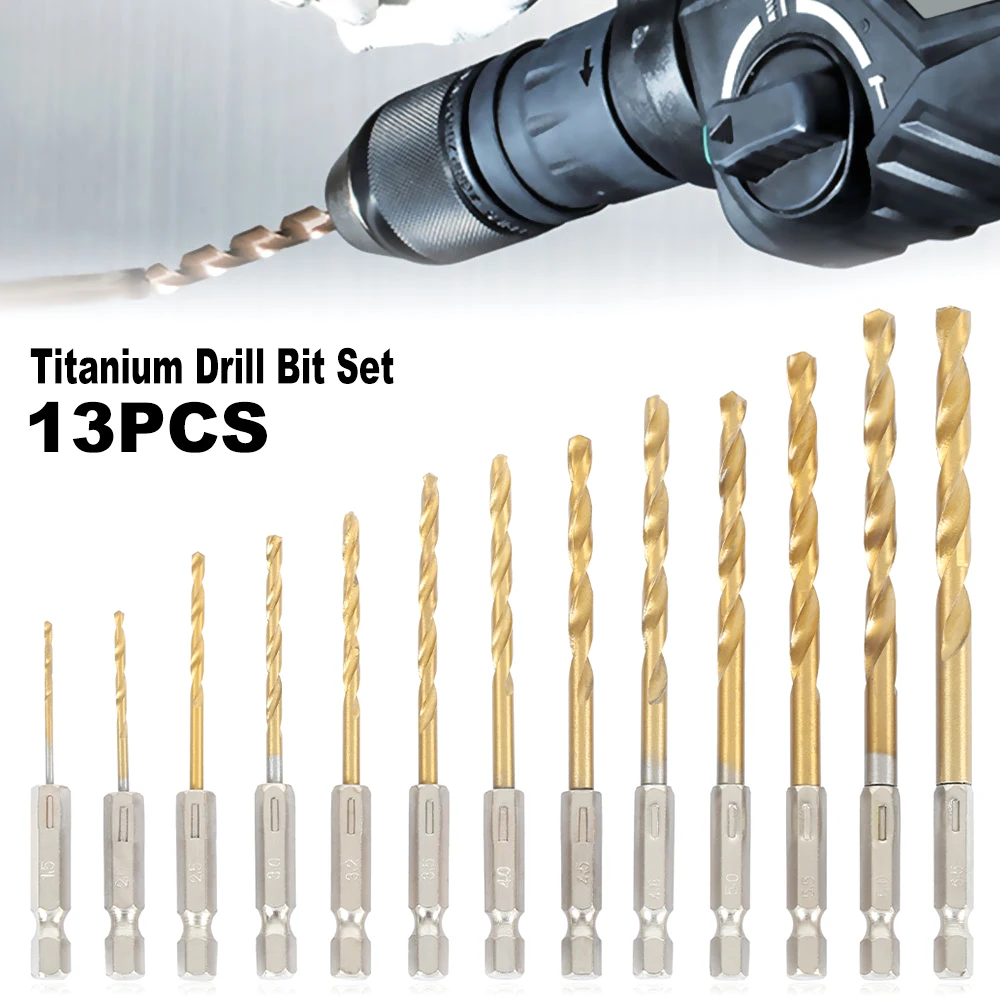 

13pcs/lot HSS High Speed Steel Titanium Coated Drill Bit Set 1/4 Hex Shank 1.5-6.5mm