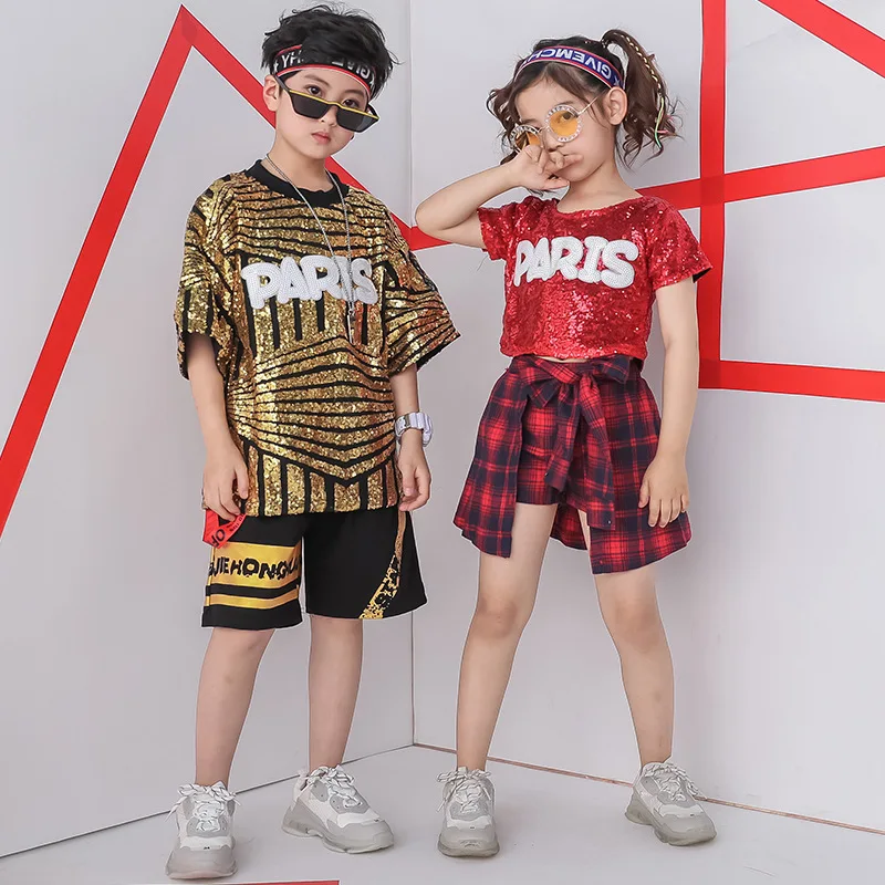 

Shiny Dance Costume Kids Boy Girl Sequin Jazz Hip Hop Clothing Children Crop Top Skirt T Shirt Pants Street Dancewear Clothes