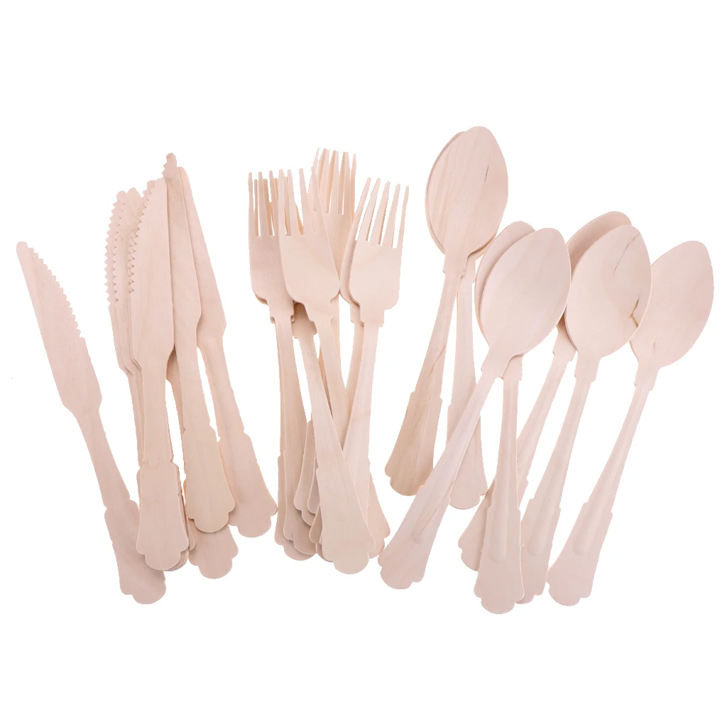 24pcs Disposable Wooden Cutlery Set Wooden Spoons Forks Knife for Weddings Party Events Dinner BBQ Supplies