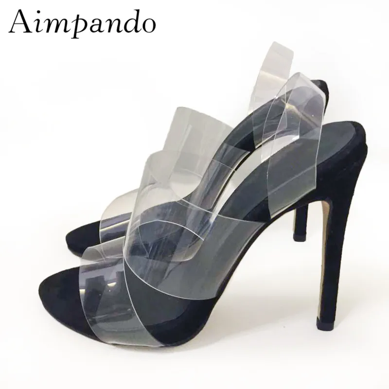

Sexy Clear PVC Transparent High Heel Sandals Stiletto Heel Open Toe Platform Patchwork Gladiator Sandals Women