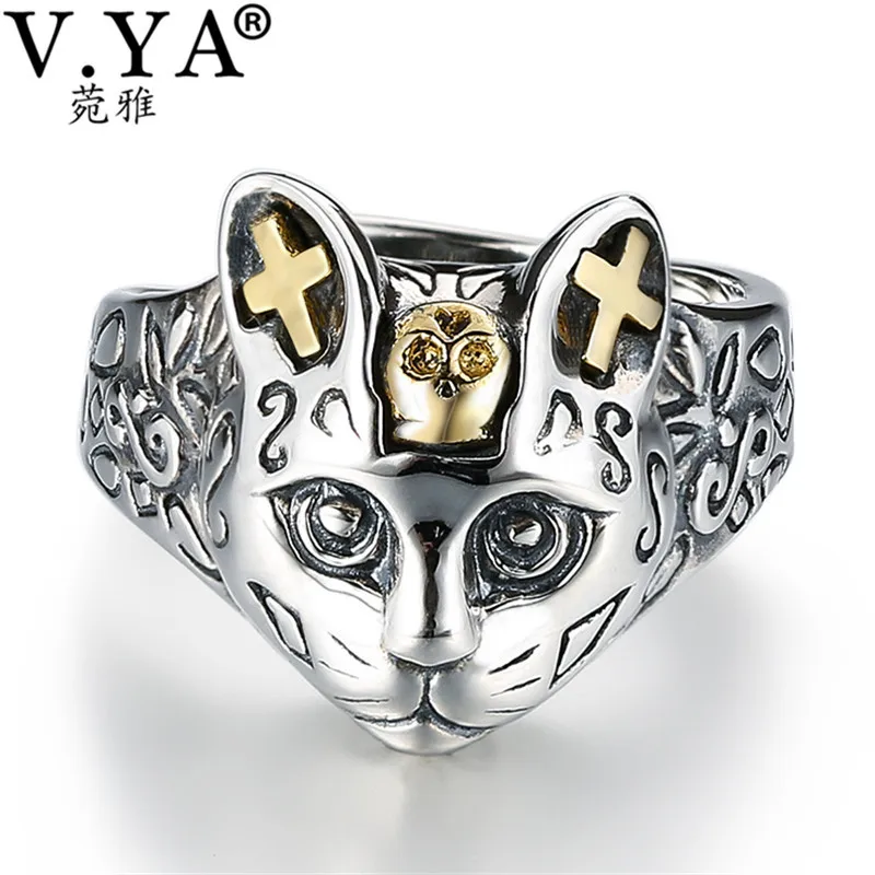 

V.YA Vintage 925 Sterling Silver Cat Rings Resizable Animal Finger Ring for Women Men Wedding Party Gift
