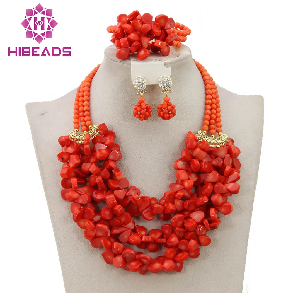 

2017 New Chunky Coral Beaded Fashion Jewelry Set African Costume Wedding Bridal Jewelry Set Free Shipping CNR316