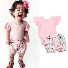 Комплекты одежды с цветочным принтом для маленьких девочек от 0 до 24 месяцев розовый комбинезон с короткими рукавами и оборками, короткие штаны, комплект одежды