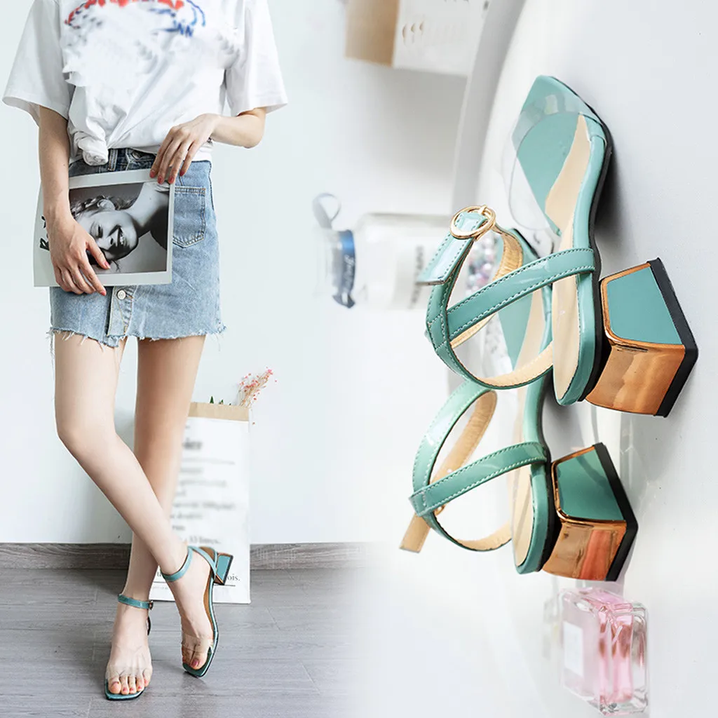 

Summer Sandal Women Shoes Transparent Thick With Open Toe Word Belt Sandals Wild Heel Shoes Candy Color Peep Toe Beach Shoes