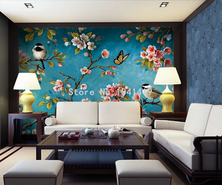 papel de parede com estampa de pássaros em mural de flores chinesas com textura
