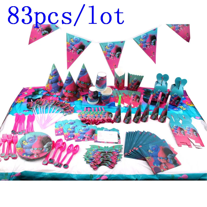 

83Pcs/lot Hot Sale Trolls Cartoon Party Supplies For Children Birthday Party of Tablecloth Cups Plates Napkins Party Supplies