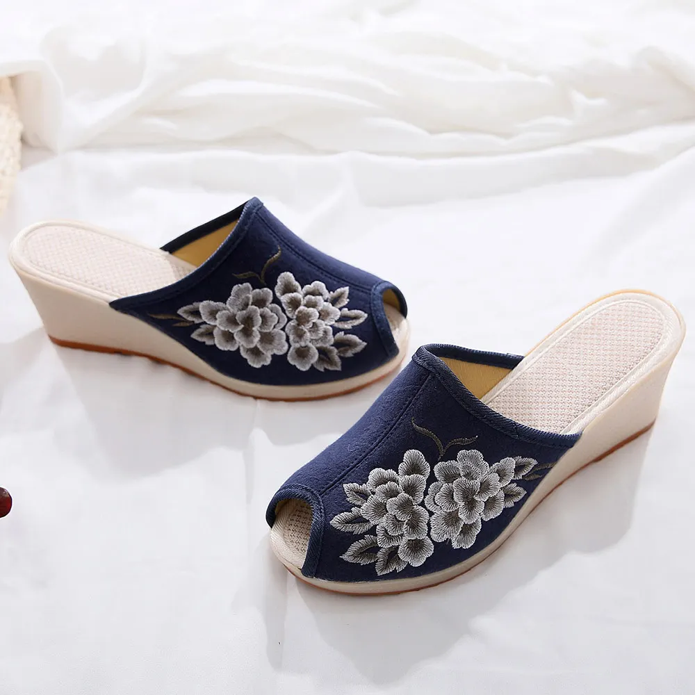 Veowalk Women Jacquard Cotton Peep Toe Slides Slippers Handmade Summer Ladies Casual Comfort Embroidered Shoes 6.5cm Platforms
