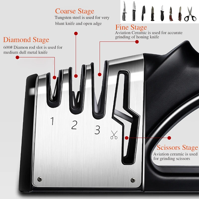 Новая точилка для ножей, 4 этапа, кухонные ножи, шлифовальная машина, Алмазный керамический камень, вольфрамовая точилка, ножницы, инструменты для ножей