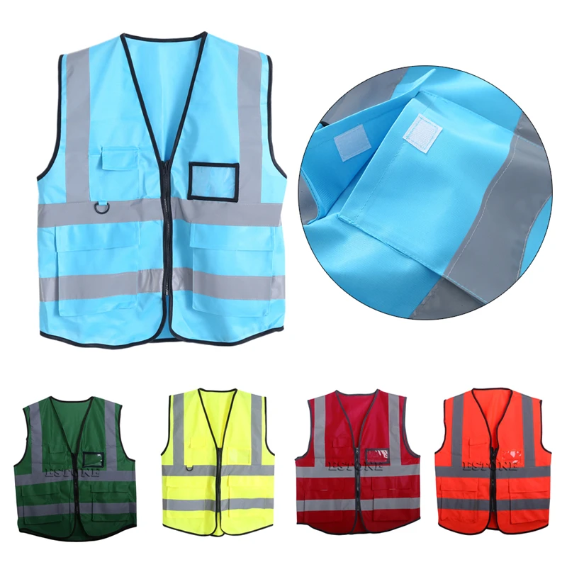 

Hi-Vis Safety Vest With Zipper Reflective Jacket Security Waistcoat 5 Pockets
