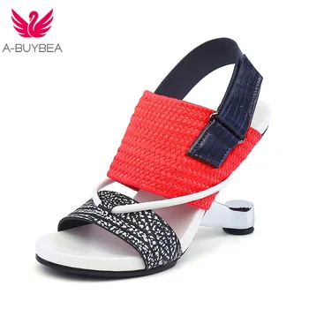 

A-BUYBEA High Heel Women Sandals Genuine Leather Mixed Color Open Toe 9 cm Strange Heel Summer Women Sandals black red