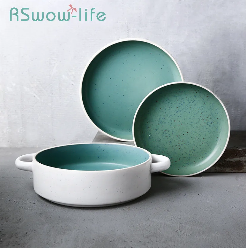 

Kitchenware Ceramic Plate Creative Double Ear Deep Plates Personality Soup Plate Salad Plates Tableware For Kitchen Supplies