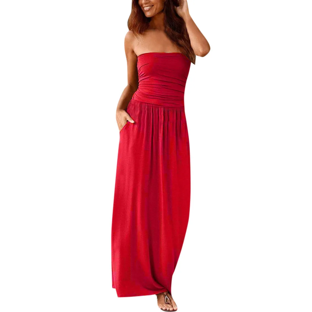 

Womens Boho Dress Bandeau Holiday Off Shoulder Strapless Long Dress Feminine Ladies Casual Summer Solid Maxi Dress Vestidos #YL5