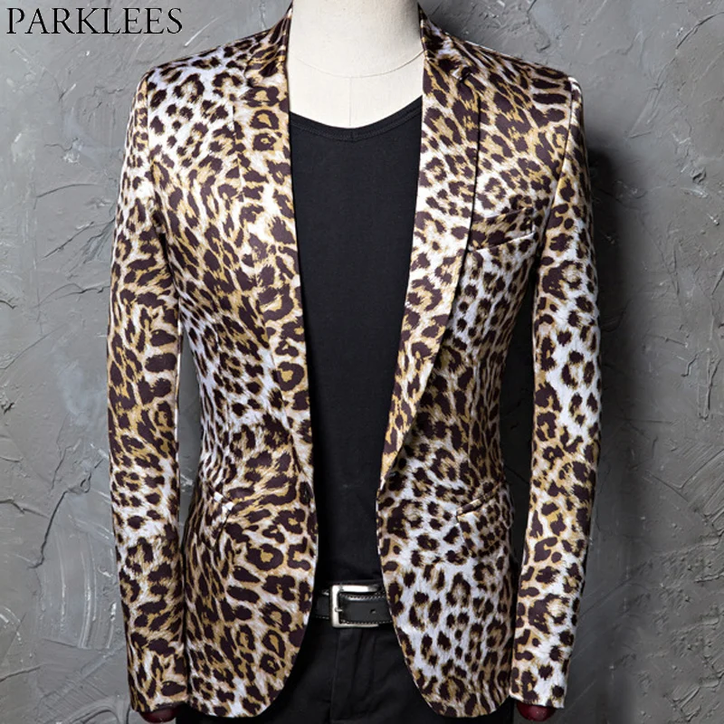 

Fashion Leopard Print Blazer Jacket Men One Button Slim Fit Nightclub Bar Suit Blazer Male Stage Singer Rock and Roll Costumes