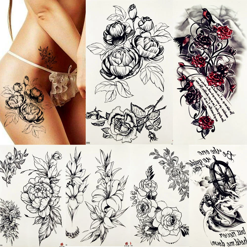 Черный Рисунок Роза Пион Лилия Цветок Листья временная татуировка наклейка сексуальная девушка поддельные тату боди-арт руки ноги Водонепроницаемый татуировки