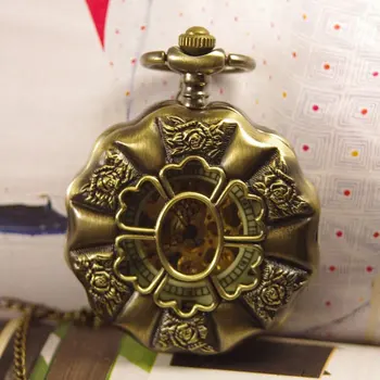 

free shipping hot mens womens ladies Antique hand wind Mechanical Pocket Watch Necklace bronze steampunk rose pendant 1pcs/lot