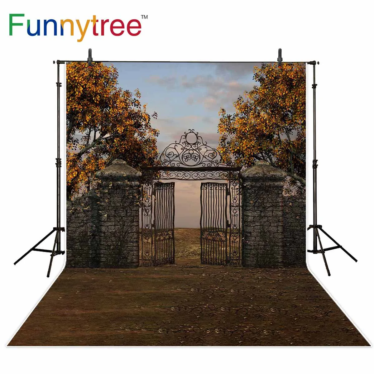

Funnytree background for photo studio autumn barren view old iron gate brick fence tree photography backdrop photocall prop