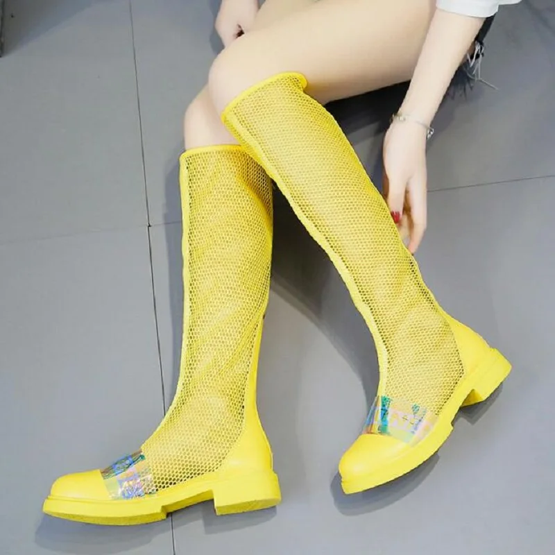 

Women Summer Mesh Hollow Colorful Bling Knee High Knight Boots Long Boots Cut Out Low Heels Antiskid Soles Lady Shoes 190429