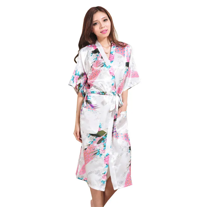 Модные золотые Для женщин Silk район Ночное Sexy кимоно Robe платье цветок Pijama feminino oversize размеры S M L XL XXL, XXXL s001-i - Цвет: White